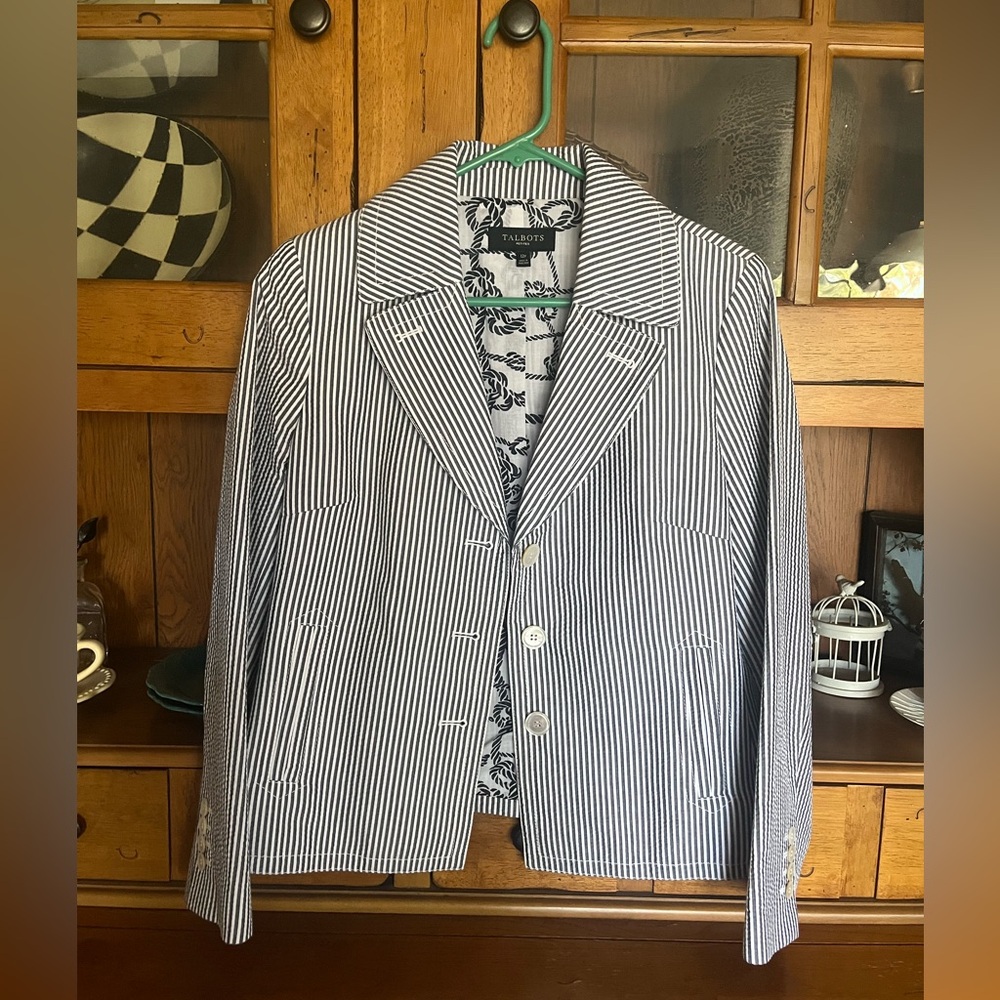 Talbot’s nautical blazer, grey white stripe, like new, women’s size 12 petite